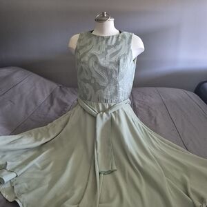 Sage Green A-Line Lace Bodice Dress with Waist Tie